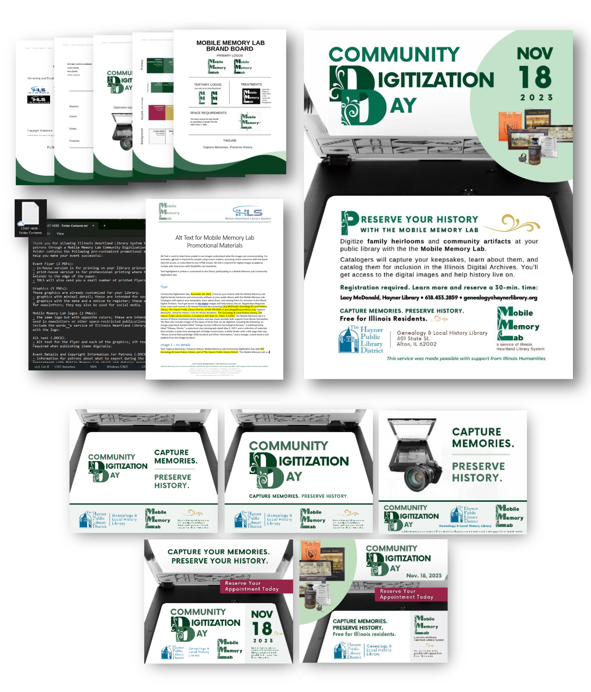 A collage of marketing materials for the mobile memory lab, including branding guidelines, a flyer, social media graphics, and text documents.
