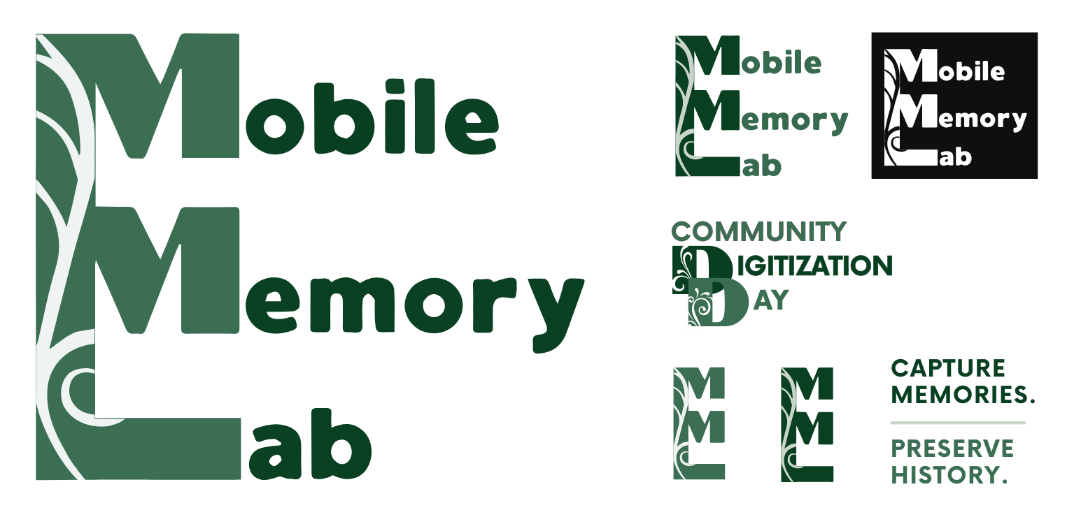 This graphic contains a collections of graphics: 5 versions of the Mobile Memory Lag logo, a Community Digitization Day logo, and the tagline.