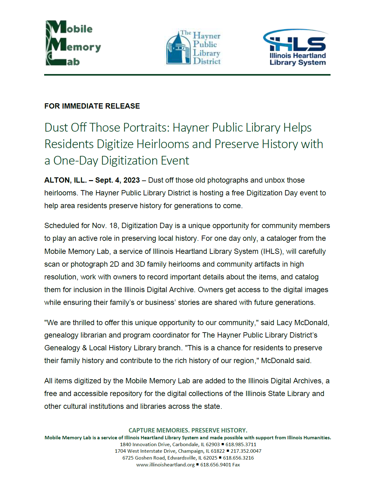 page 1 of a Mobile Memory Lab press release