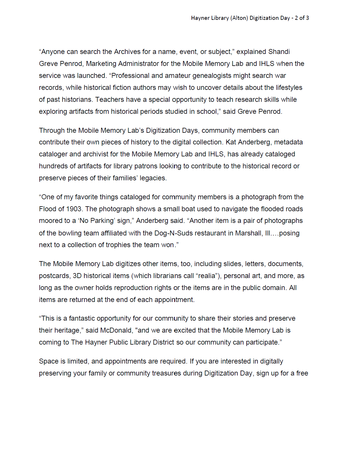 page 2 of a Mobile Memory Lab press release