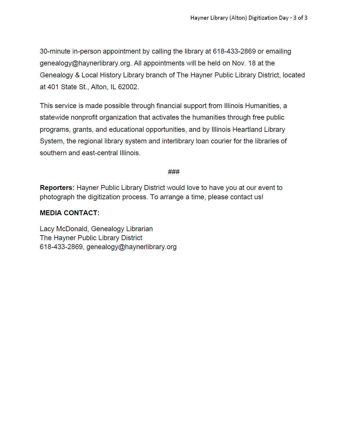 page 3 of a Mobile Memory Lab press release